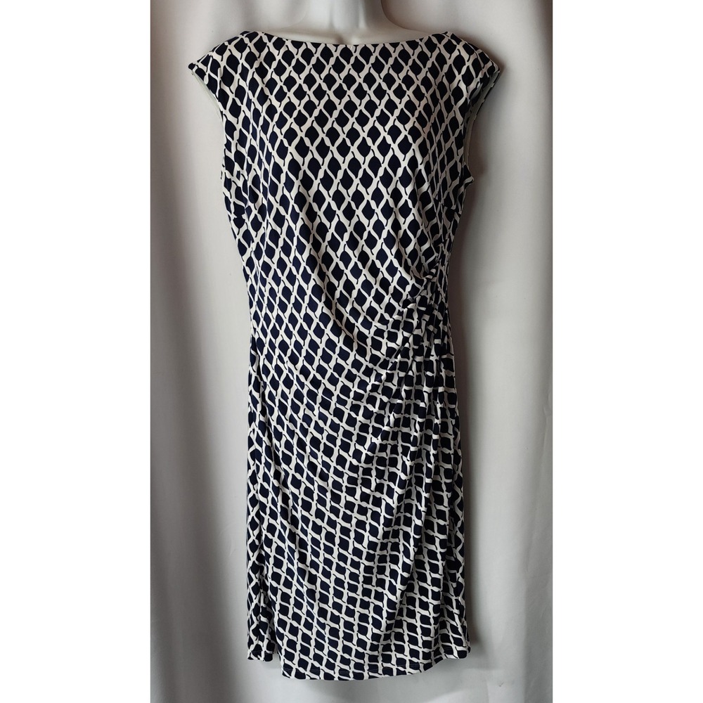 LAUREN BY RALPH LAUREN GEOMETRIC WHITE AND‎ NAVY MIDI DRESS L